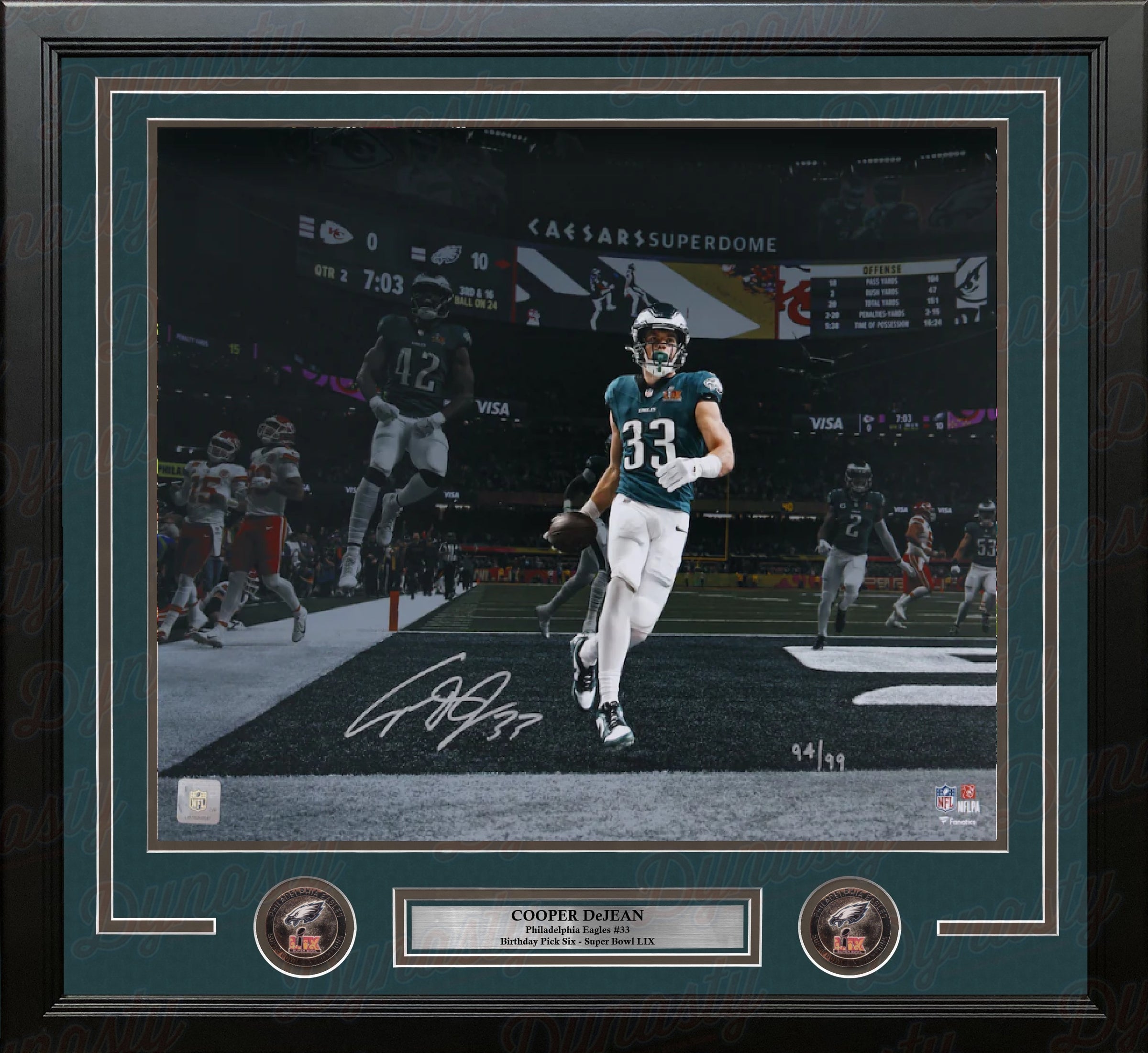 Cooper DeJean Super Bowl LIX Pick Six Philadelphia Eagles Autographed 16x20 Framed Photo #ed to 99