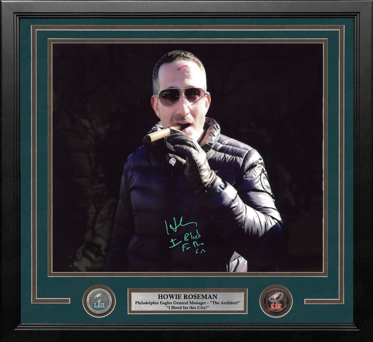 Howie Roseman Blackout Cigar Philadelphia Eagles Autographed 16x20 Framed Photo: Bleed Inscription
