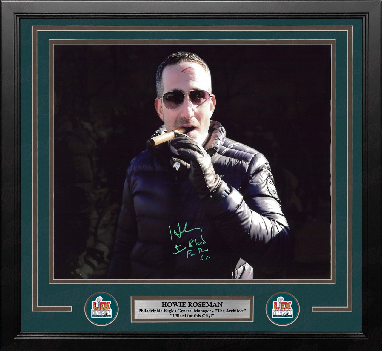 Howie Roseman Blackout Cigar Philadelphia Eagles Autographed 16x20 Framed Photo: Bleed Inscription