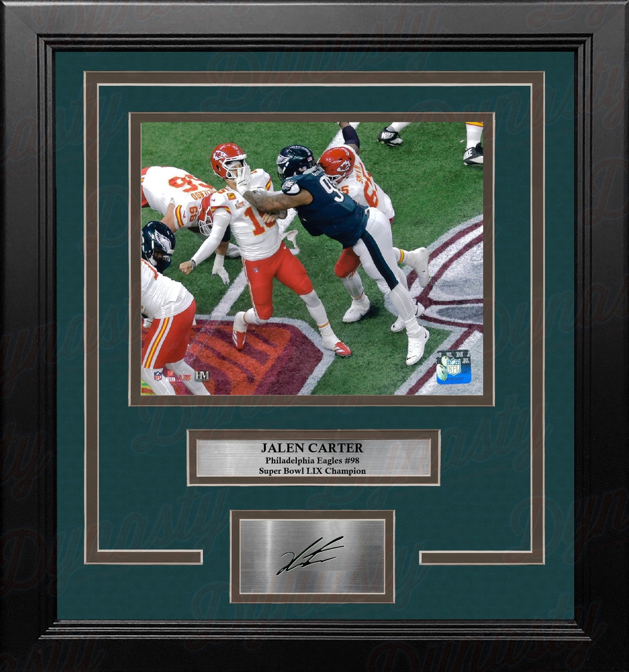 Jalen Carter Hits Mahomes Philadelphia Eagles 16x20 Framed Super Bowl Photo with Engraved Autograph