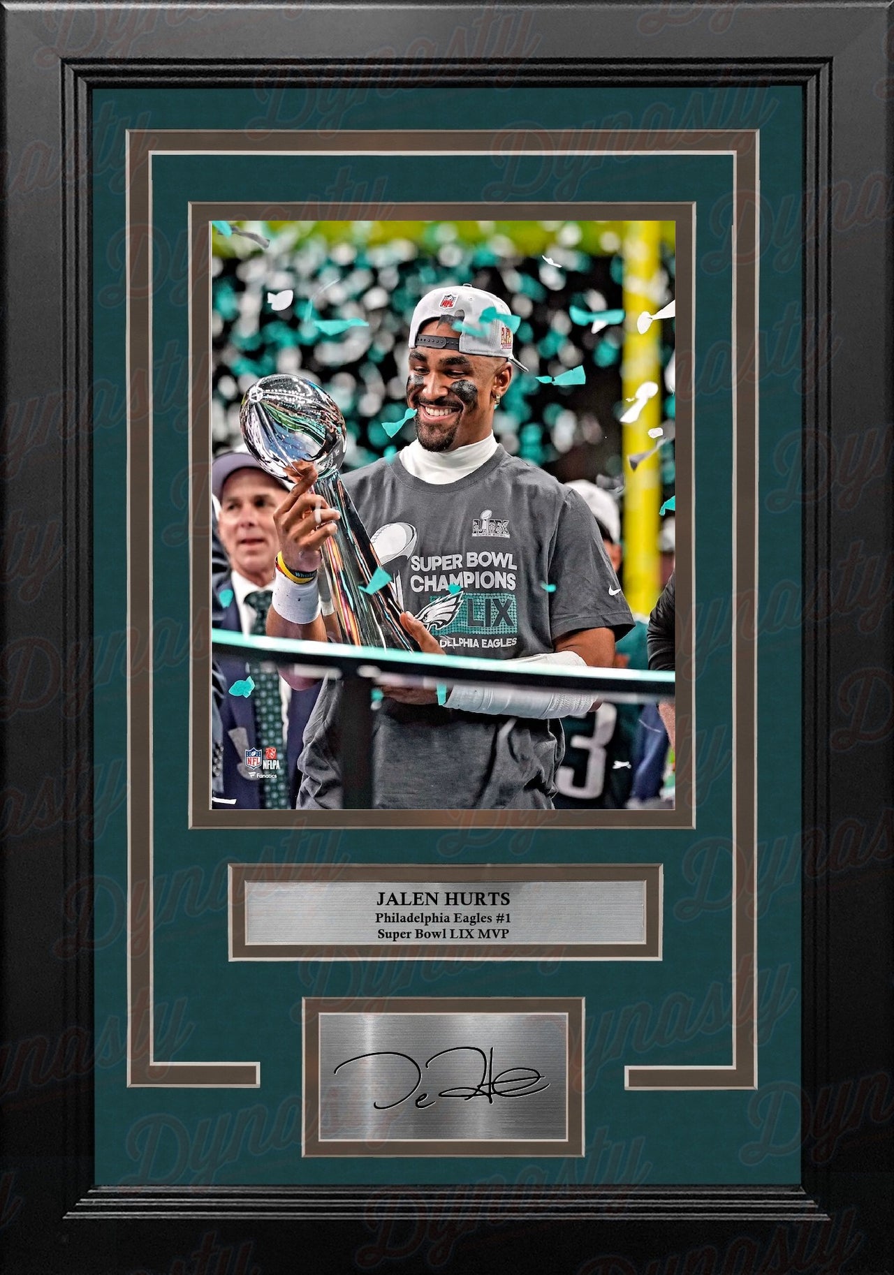 Jalen Hurts Trophy Philadelphia Eagles Super Bowl Champions 16x20 Framed Photo & Engraved Autograph