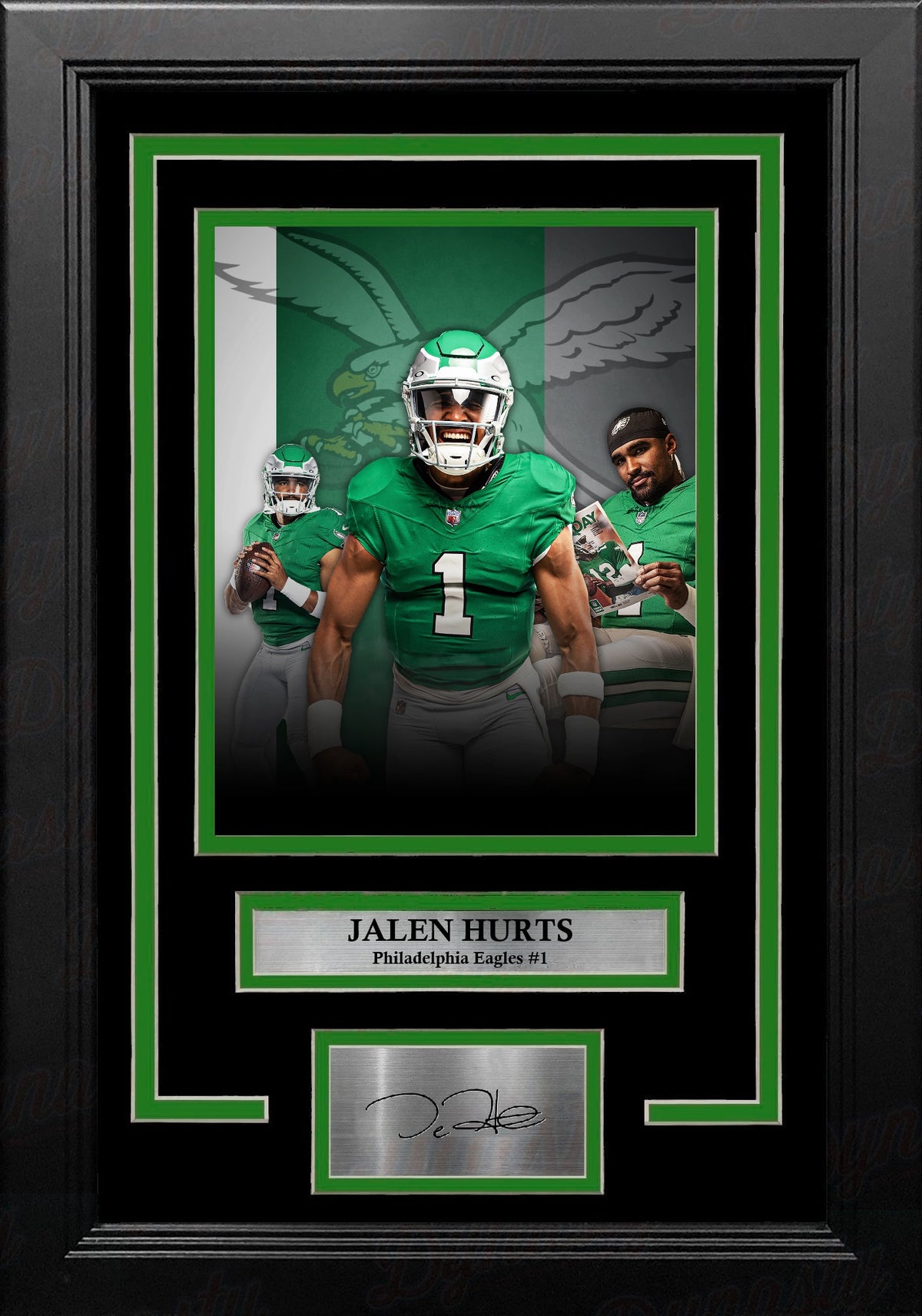 A framed sports memorabilia piece featuring a collage of Jalen Hurts in a green Philadelphia Eagles uniform, with a black frame, green inner borders, a nameplate reading 'Jalen Hurts Philadelphia Eagles #1', and a silver signature plaque at the bottom.