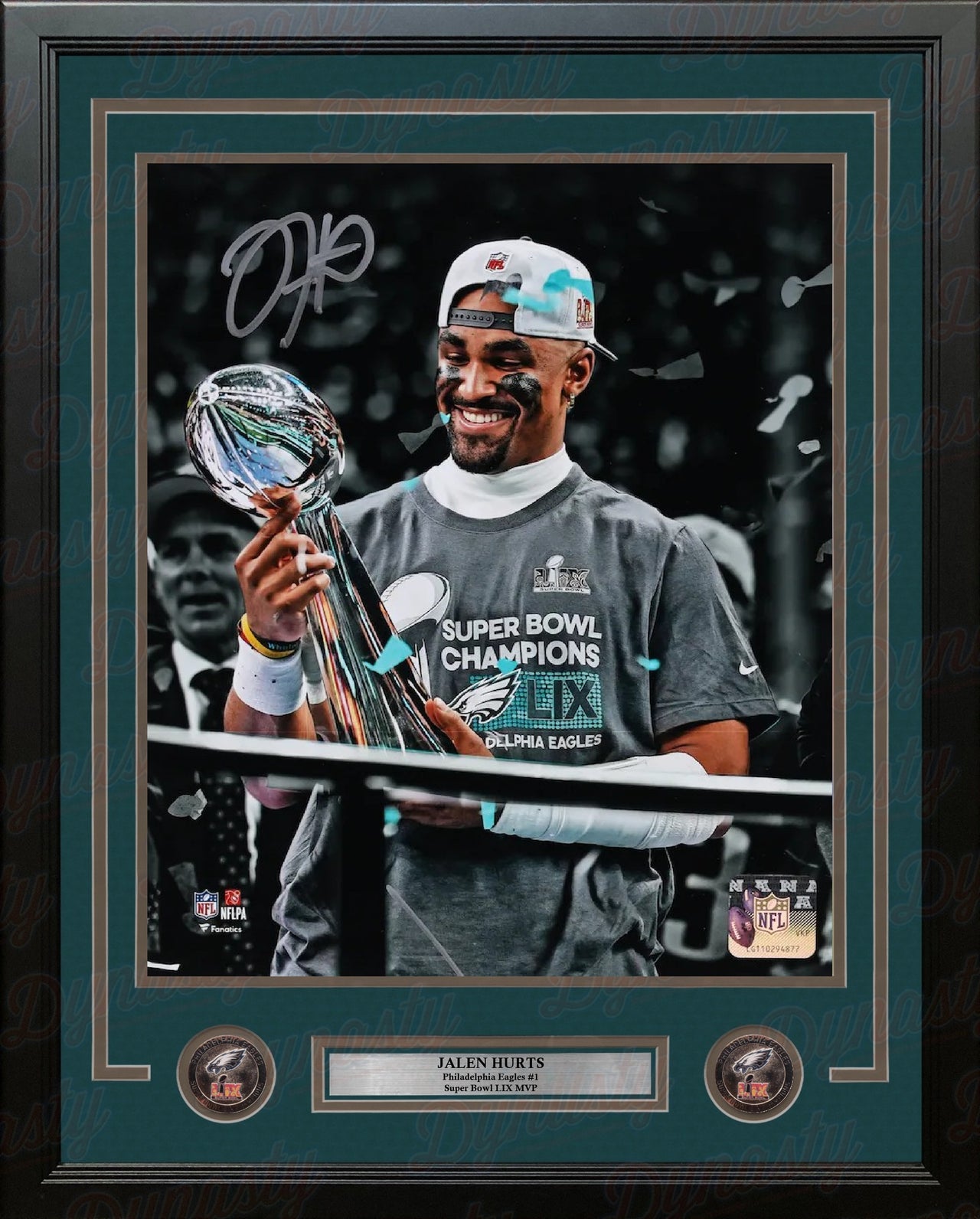 Jalen Hurts Super Bowl LIX Trophy Philadelphia Eagles Autographed 16" x 20" Framed Blackout Photo