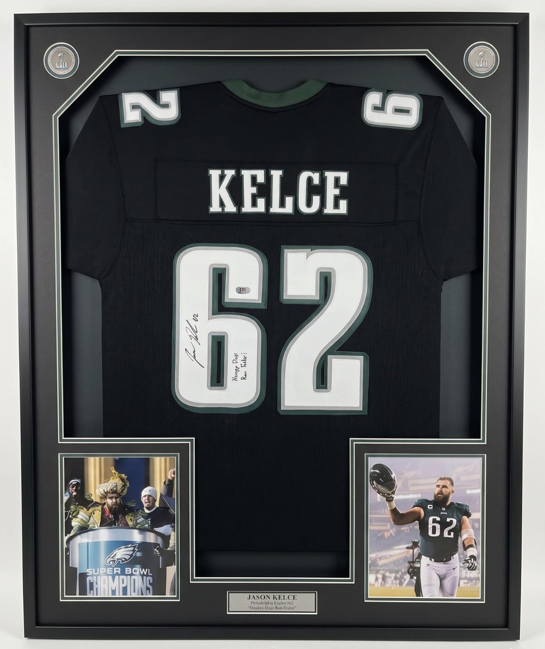 Jason Kelce Philadelphia Eagles Autographed Framed Jersey with Hungry Dogs Run Faster Inscription