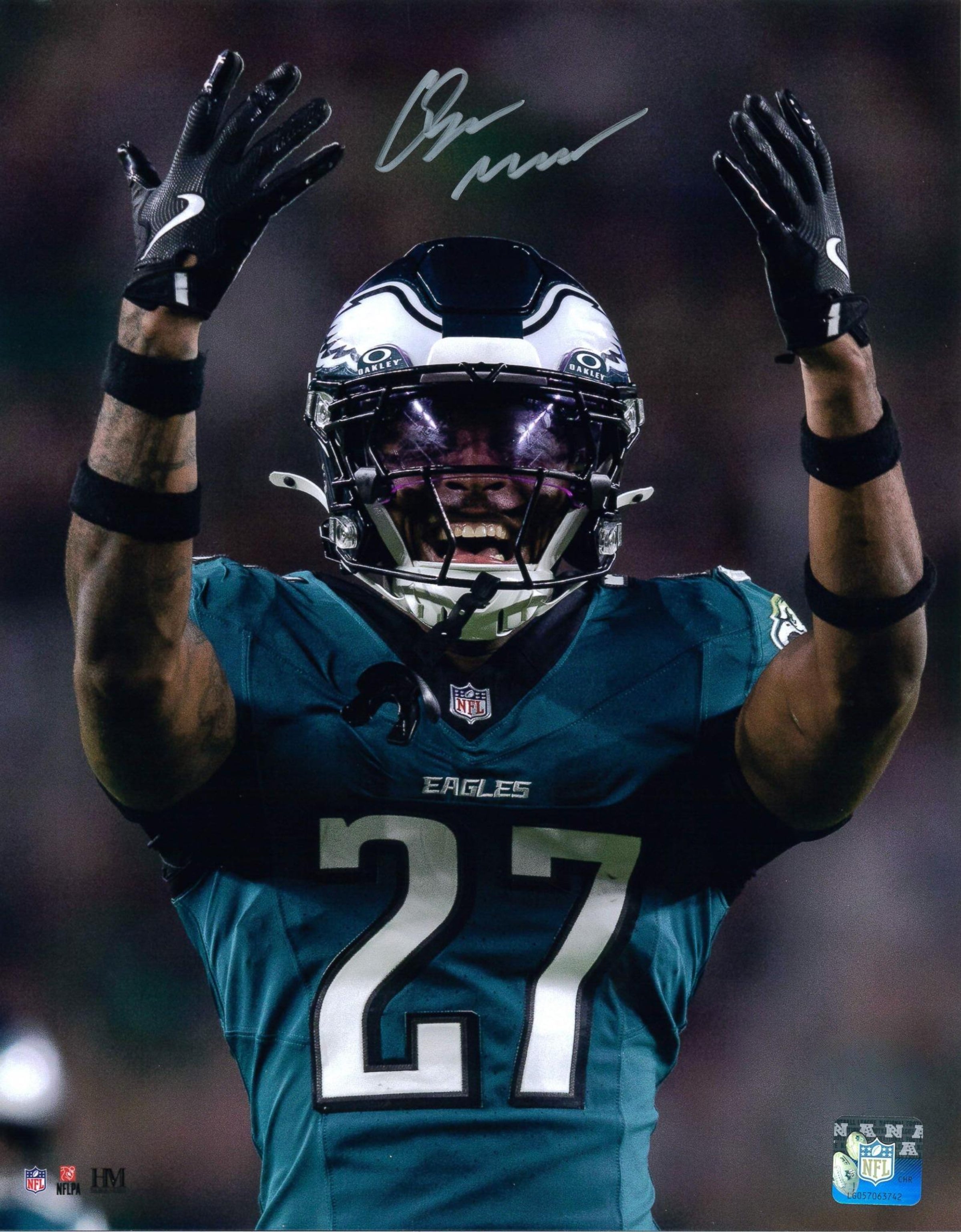 Quinyon Mitchell Celebration Philadelphia Eagles Autographed Football Photo