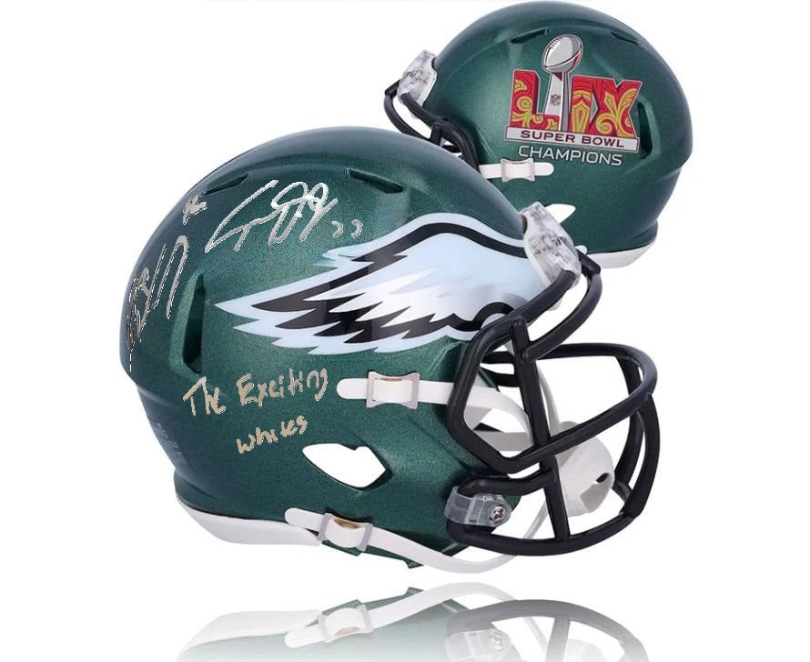 Cooper DeJean & Reed Blankenship Eagles Autographed SB LIX Champions Helmet - Exciting Whites