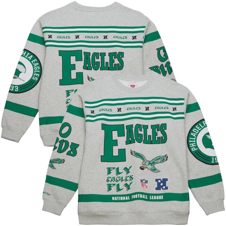 Philadelphia Eagles Mitchell & Ness Heather Gray All Over Print Vintage Fleece Crewneck Sweatshirt