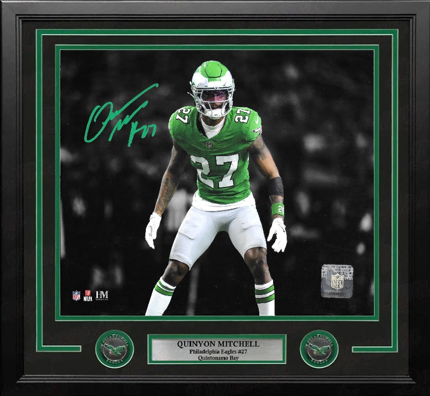 Quinyon Mitchell Kelly Green Action Philadelphia Eagles Autographed 11" x 14" Framed Photo - Dynasty Sports & Framing 