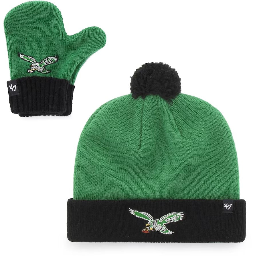 Philadelphia Eagles '47 Toddler Bam Bam Cuffed Knit Hat with Pom and Mittens Set - Kelly Green/Black