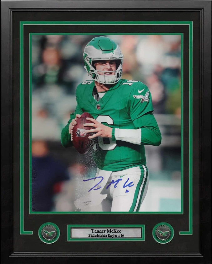 Tanner McKee Kelly Green Action Philadelphia Eagles Autographed 16" x 20" Framed Football Photo