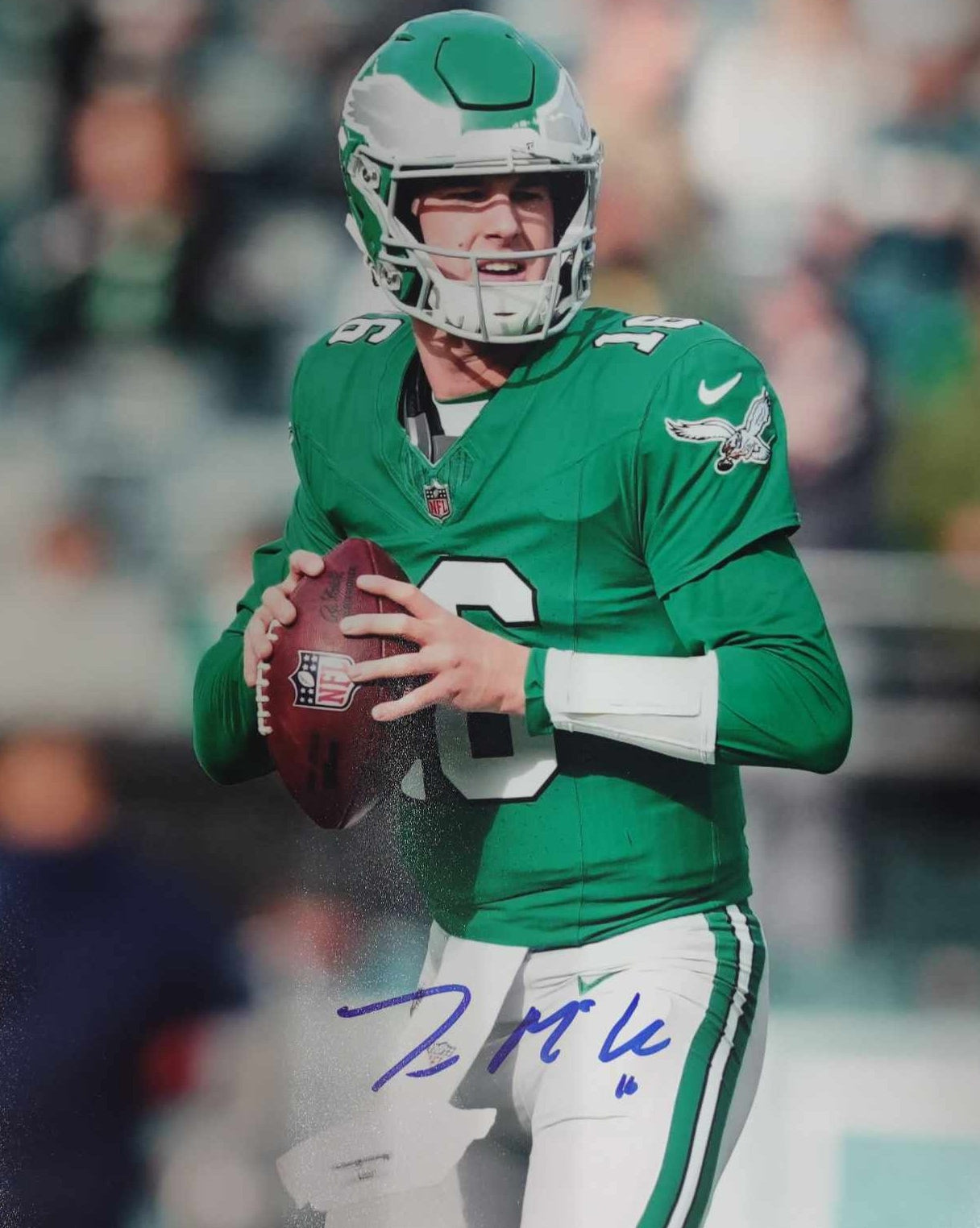 Tanner McKee Kelly Green Action Philadelphia Eagles Autographed 16" x 20" Football Photo