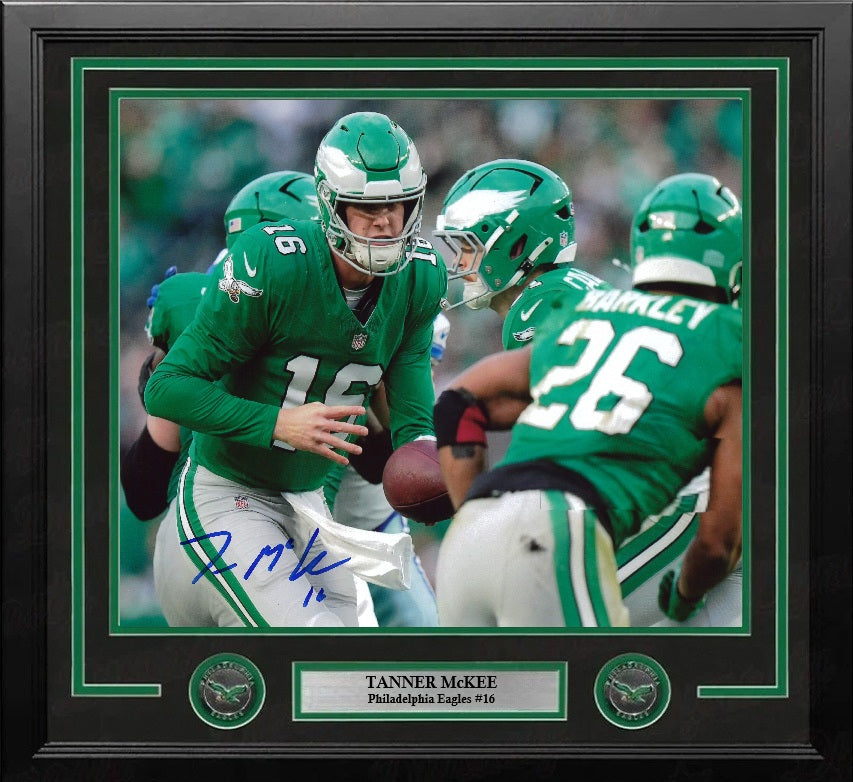 Tanner McKee Hand-Off in Kelly Green Philadelphia Eagles Autographed 16" x 20" Framed Football Photo