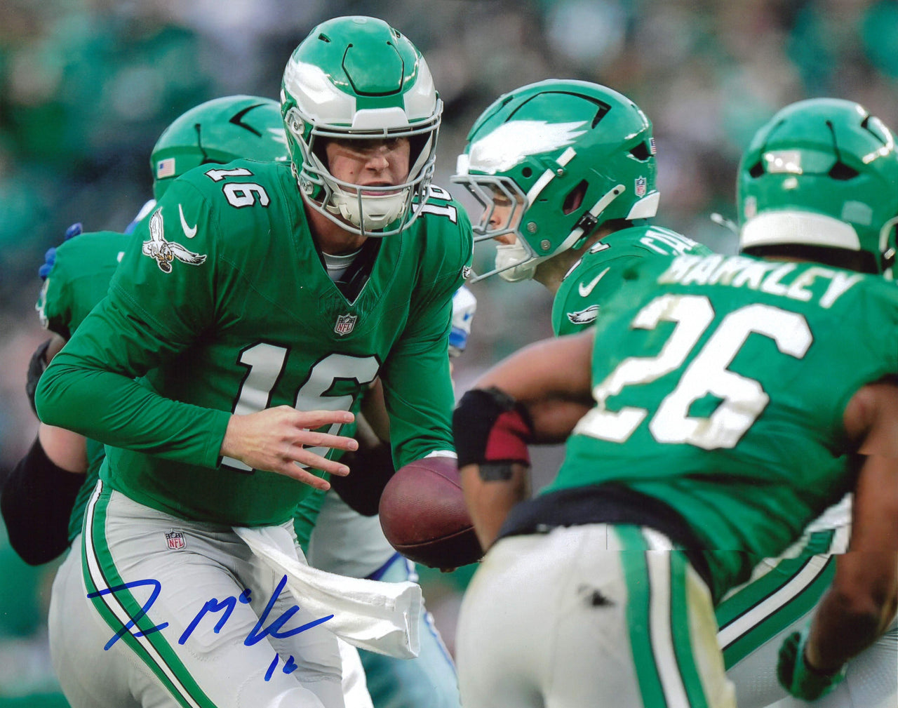 Tanner McKee Hand-Off in Kelly Green Philadelphia Eagles Autographed 11" x 14" Football Photo