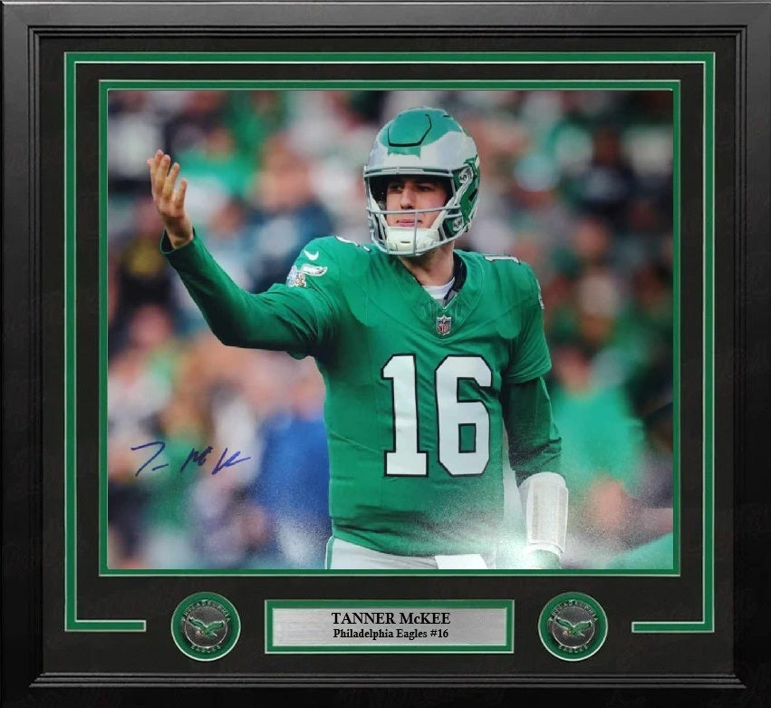 Tanner McKee Kelly Green Pose Philadelphia Eagles Autographed 16" x 20" Framed Football Photo