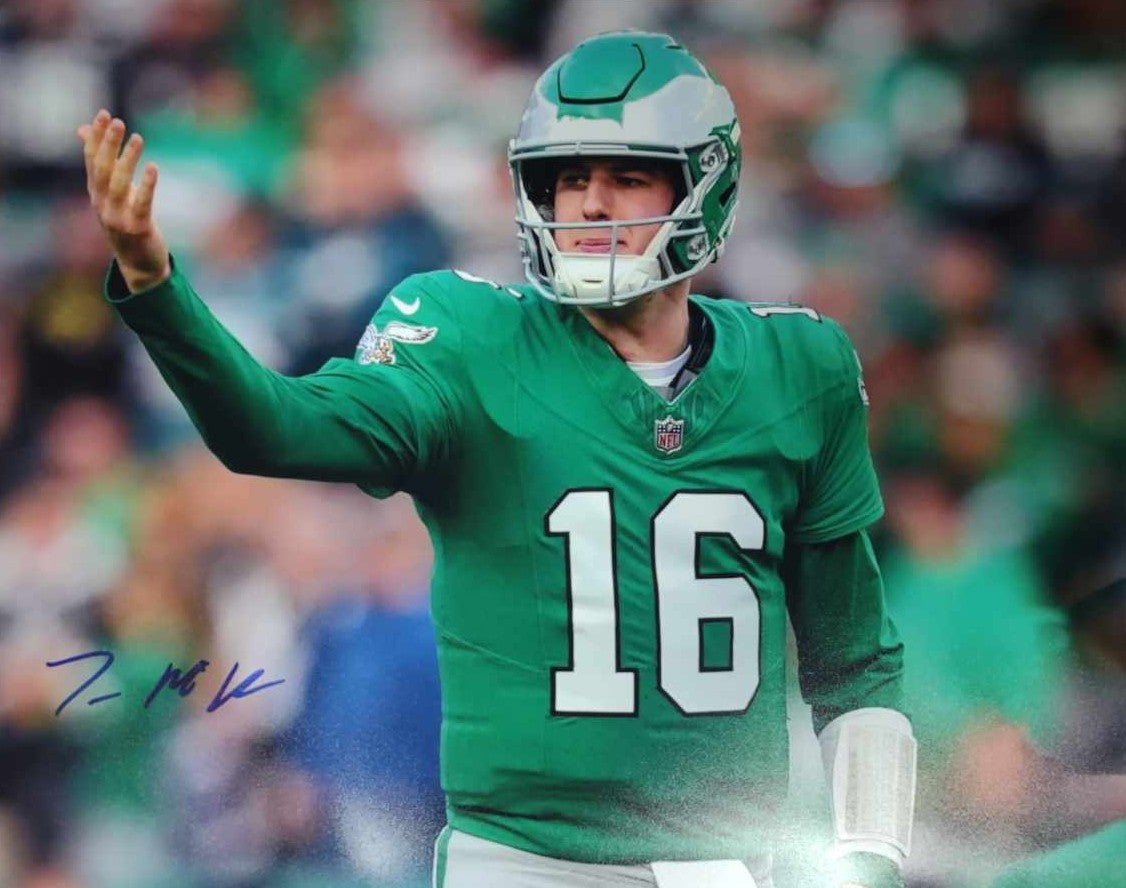 Tanner McKee Kelly Green Pose Philadelphia Eagles Autographed 16" x 20" Football Photo