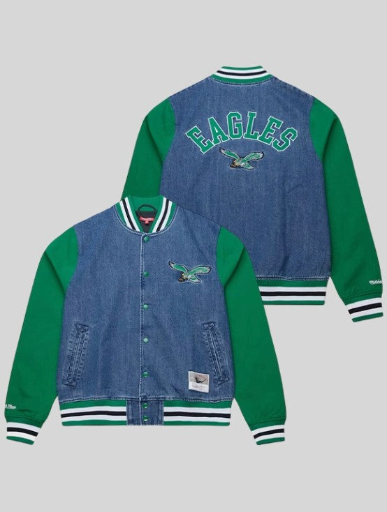 Philadelphia Eagles Mitchell & Ness Women's Denim/Kelly Green Varsity Full-Snap Jacket