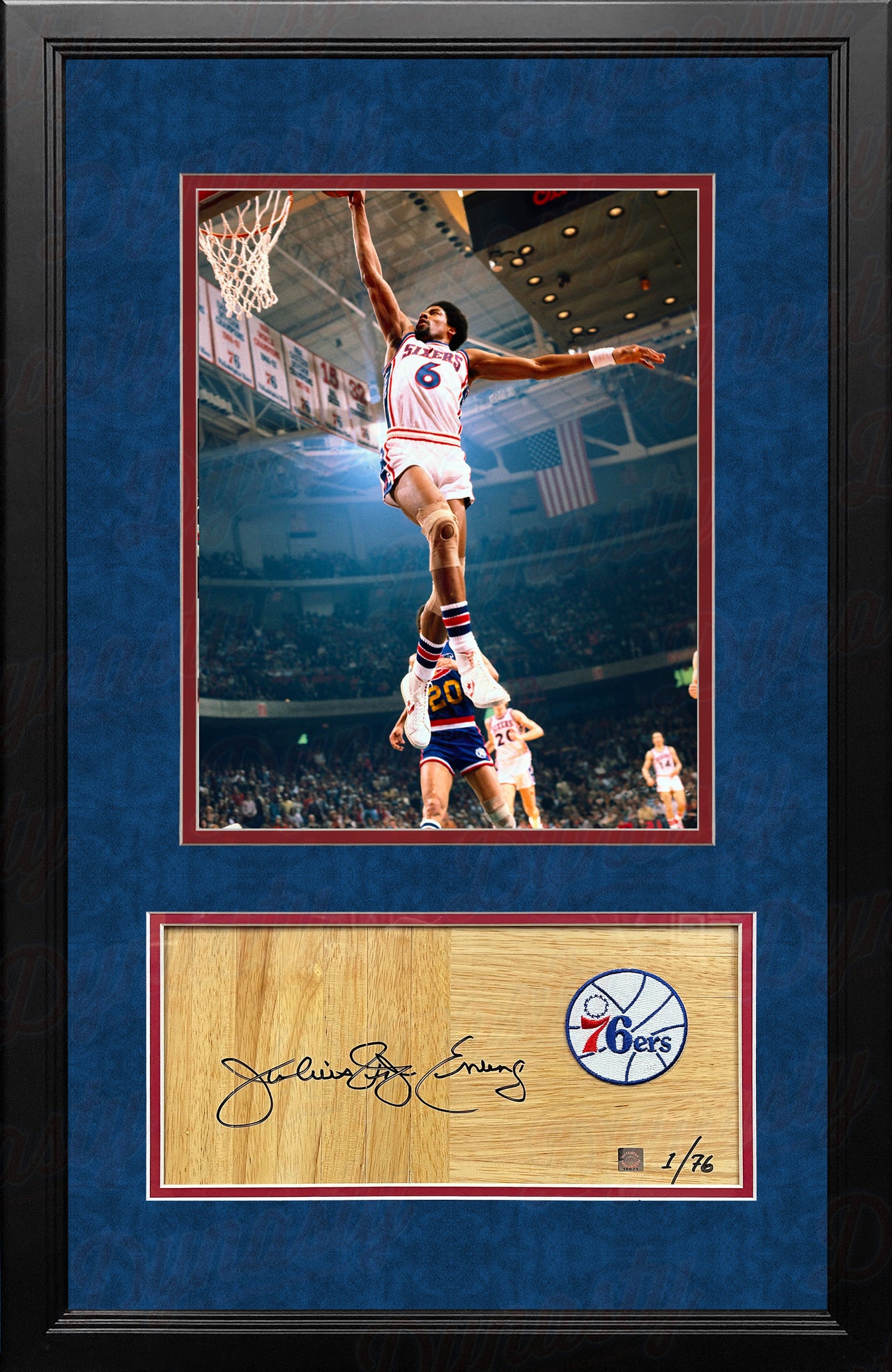 Julius Erving Philadelphia 76ers Framed 11x14 Windmill Dunk Basketball Photo w/ Autographed Hardwood