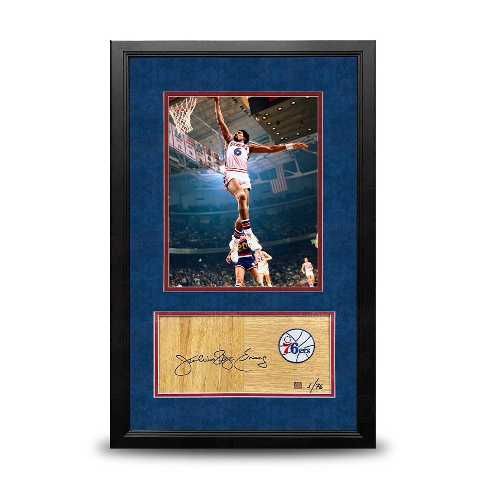 Julius Erving Philadelphia 76ers Framed 11x14 Windmill Dunk Basketball Photo w/ Autographed Hardwood