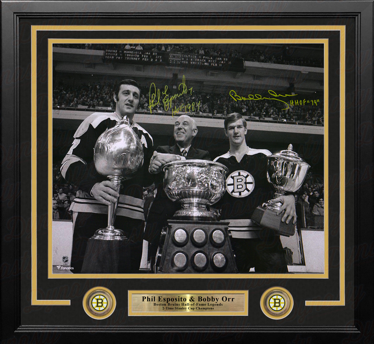 Bobby Orr & Phil Esposito Trophies Boston Bruins Autographed 16" x 20" Framed Hockey Photo