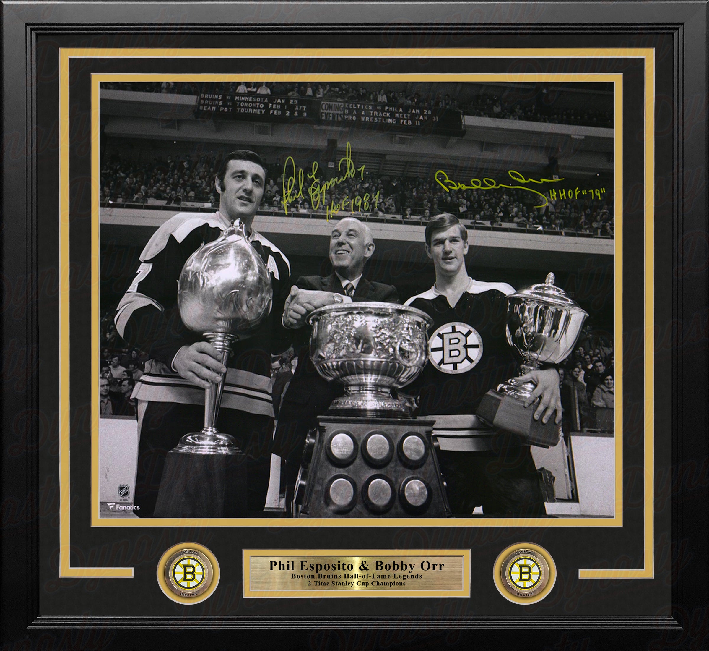 Bobby Orr & Phil Esposito Trophies Boston Bruins Autographed 16" x 20" Framed Hockey Photo