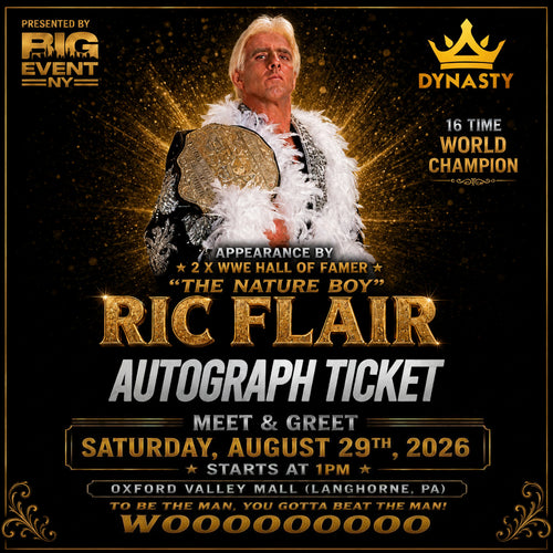 Promotional poster for a Ric Flair autograph meet-and-greet ticket, featuring a photo of Ric Flair holding a championship belt against a black and gold background with event text and branding.