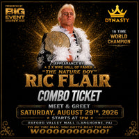 Promotional poster for a Ric Flair combo ticket, featuring a gold and black design with a photo of Ric Flair holding a championship belt. The text announces a meet and greet event at Oxford Valley Mall on Saturday, August 29th, 2026, at 1 PM.