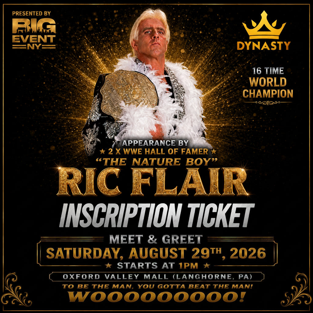 Promotional event poster for a Ric Flair inscription ticket, featuring a photo of Ric Flair holding a WWE championship belt against a black and gold background with text detailing the meet and greet event on August 29, 2026.