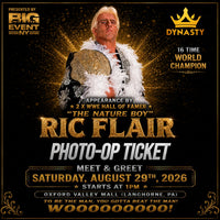 Promotional poster for a Ric Flair 'Photo-Op Ticket' event in 2026, featuring a photo of Ric Flair holding a WWE championship belt against a black and gold glittery background with event details.
