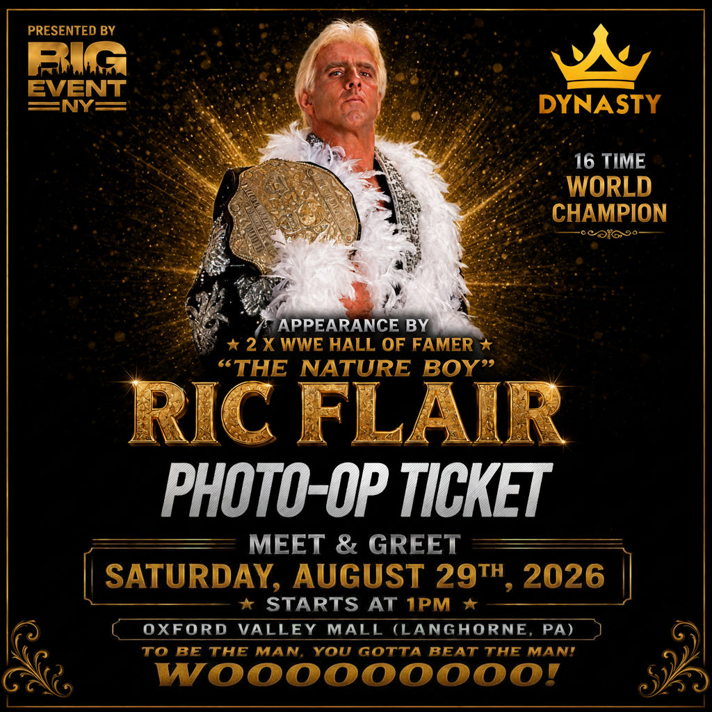 Promotional poster for a Ric Flair 'Photo-Op Ticket' event in 2026, featuring a photo of Ric Flair holding a WWE championship belt against a black and gold glittery background with event details.