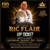 Promotional poster for a Ric Flair VIP ticket event, featuring a photo of Ric Flair holding a WWE championship belt against a black background with gold glitter effects. The poster includes event details such as 'Presented by Big Event NY', 'Dynasty', and the meet and greet date and time at 1 PM at Oxford Valley Mall.