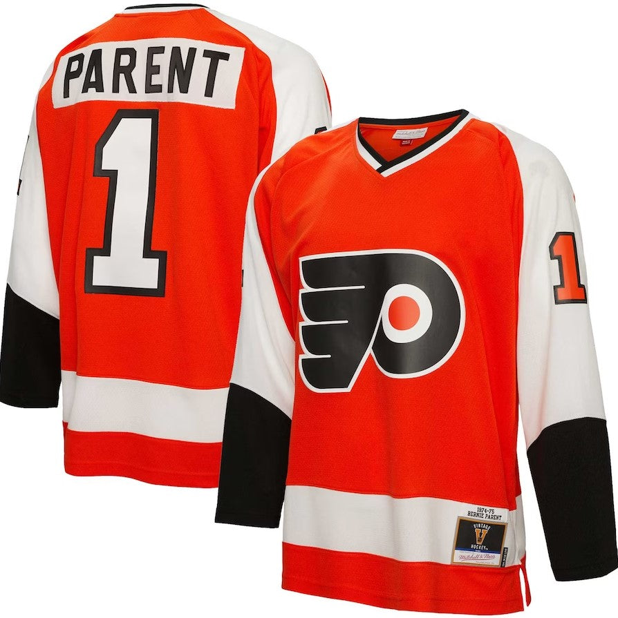 Bernie Parent Philadelphia Flyers Mitchell & Ness Orange 1974/75 Blue Line Player Jersey