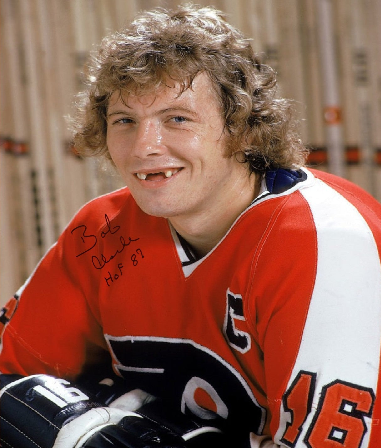 Bob Clarke Toothless Smile Philadelphia Flyers Autographed 16" x 20" Hockey Photo - Hall of Fame