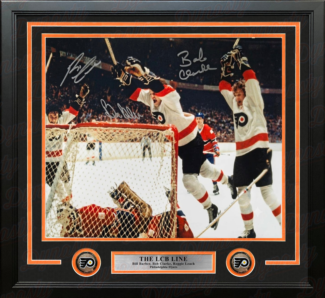LCB Line (Bob Clarke, Bill Barber, Reggie Leach) Goal Flyers Autographed 11x14 Framed Hockey Photo