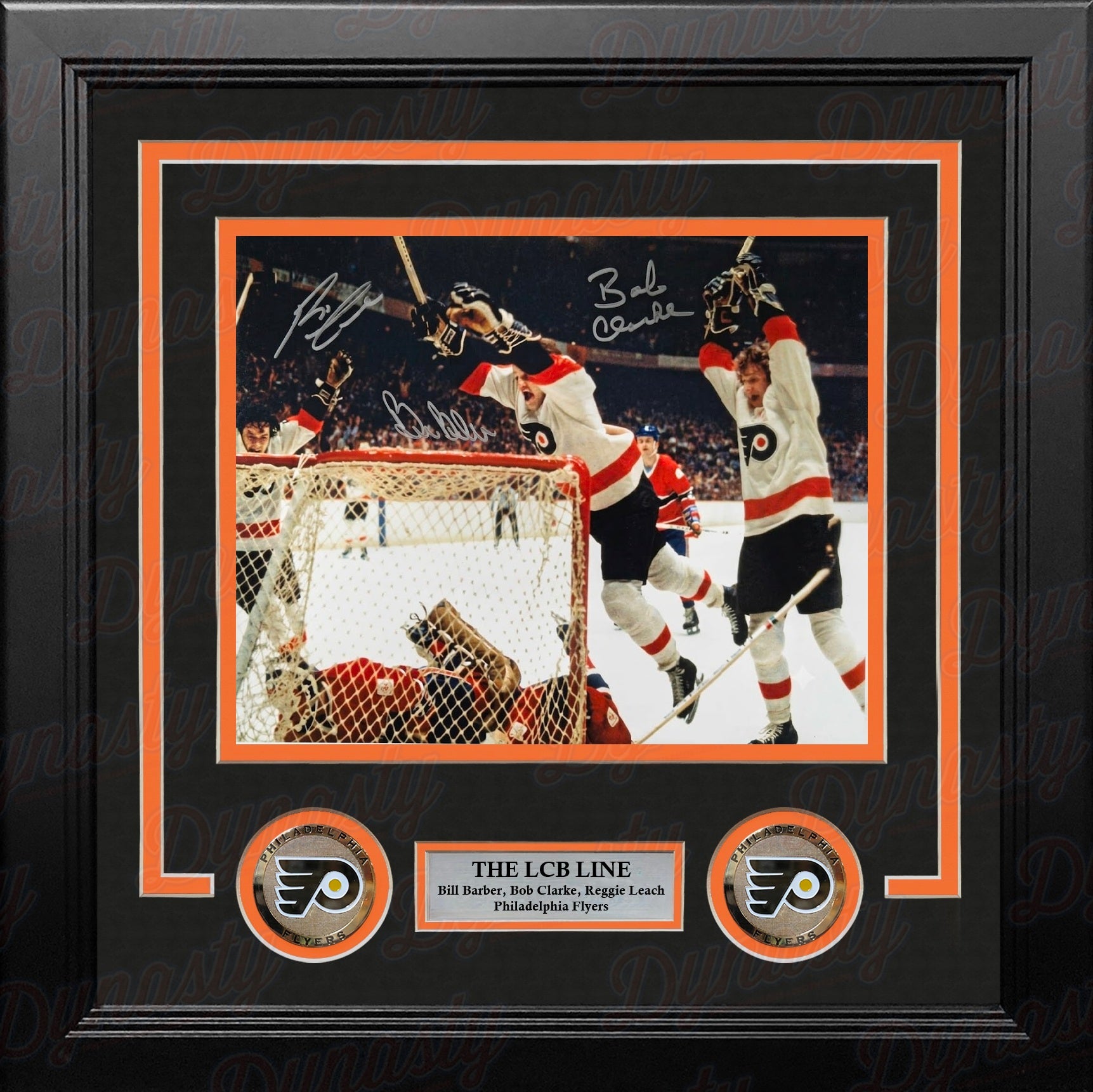 LCB Line (Bob Clarke, Bill Barber, Reggie Leach) Goal Flyers Autographed 8x10 Framed Hockey Photo