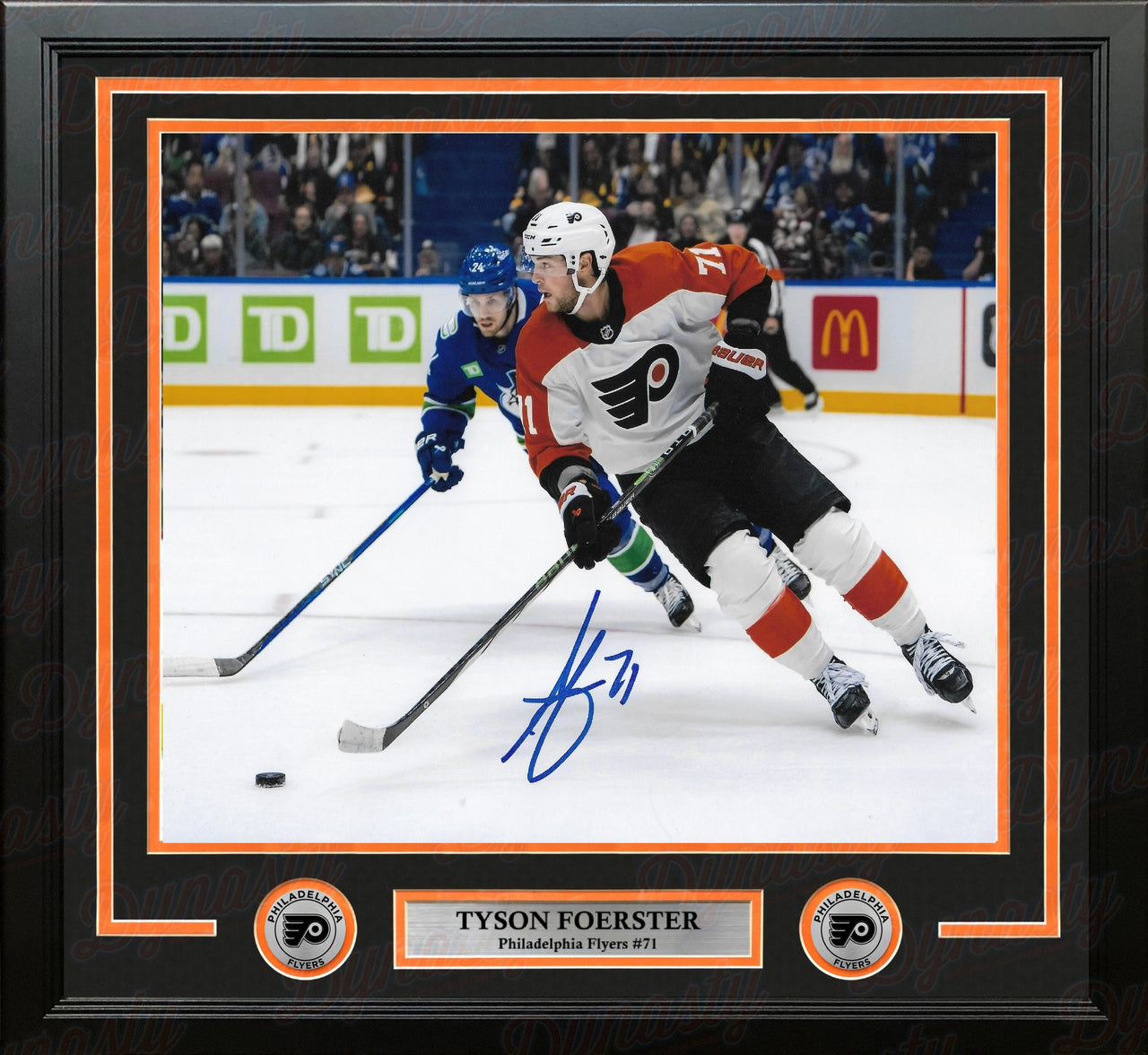 Tyson Foerster v. Vancouver Autographed Philadelphia Flyers 16" x 20" Framed Hockey Photo