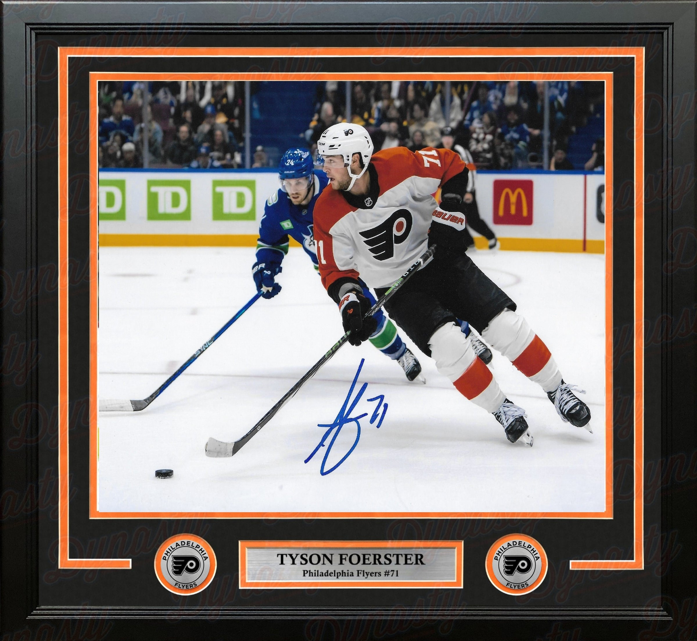 Tyson Foerster v. Vancouver Autographed Philadelphia Flyers 16" x 20" Framed Hockey Photo