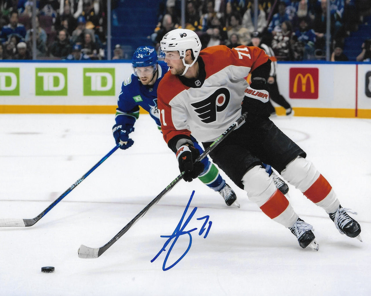 Tyson Foerster v. Vancouver Autographed Philadelphia Flyers 8" x 10" Hockey Photo