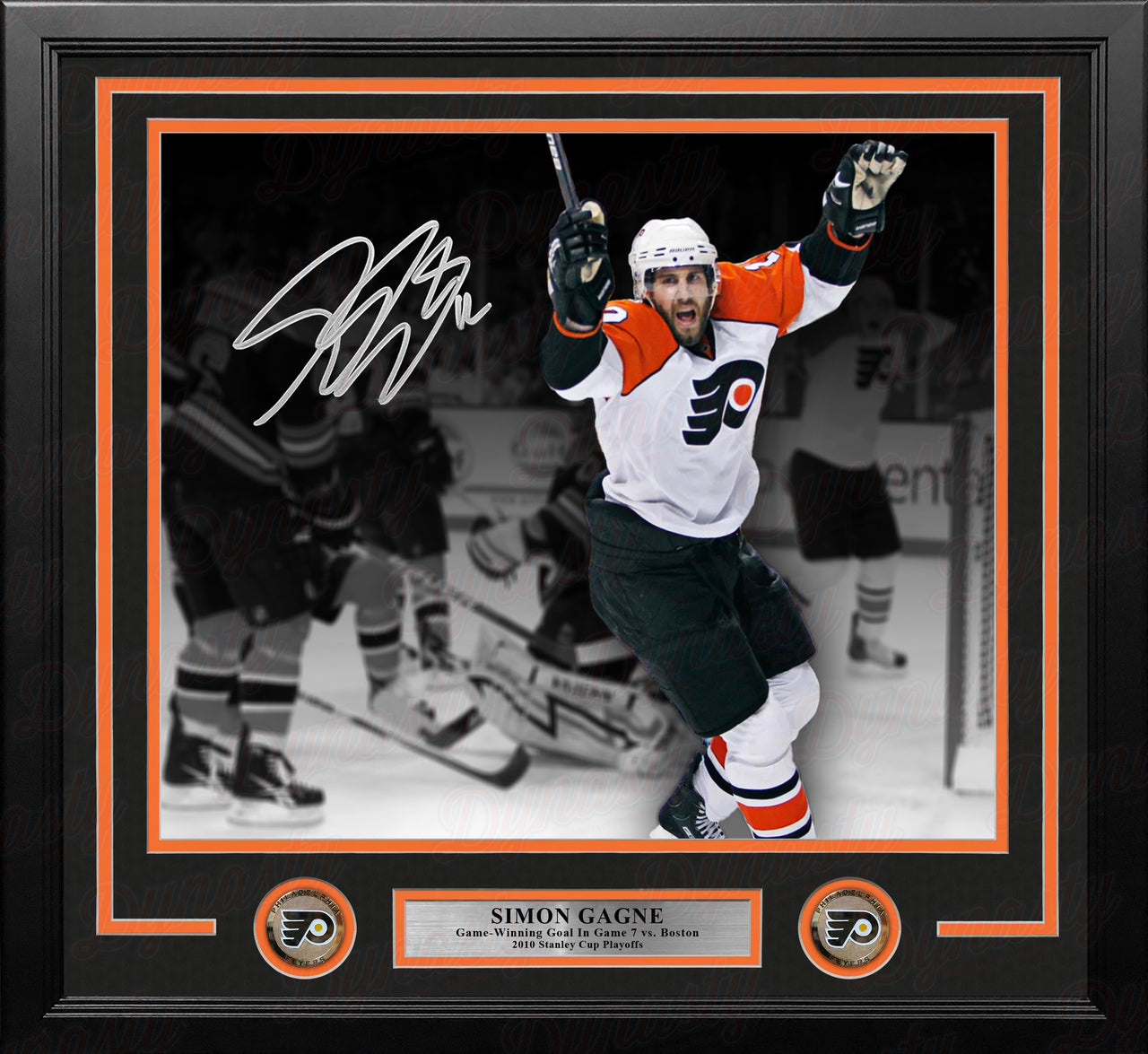 Simon Gagne Philadelphia Flyers Gm 7 Game-Winning Goal v Bruins Autographed 11x14 Framed Black Photo