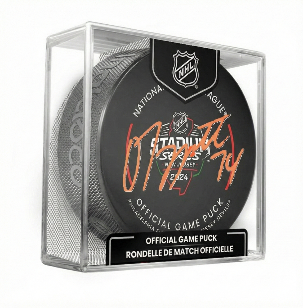 Owen Tippett Autographed Philadelphia Flyers 2024 Stadium Series Hockey Game Model Puck - Orange Sig