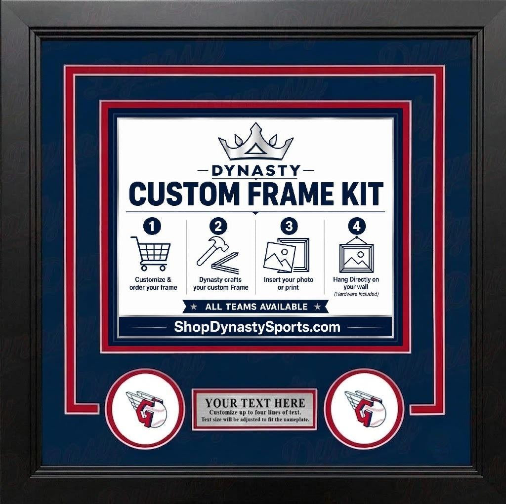 Cleveland Guardians Custom MLB Baseball Picture Frame Kit with Navy Blue Matting, Red Trim, a Silver Nameplate, and Guardians logos