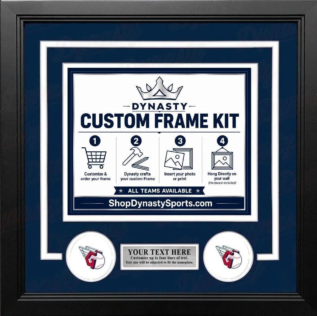 Cleveland Guardians Custom MLB Baseball Picture Frame Kit with Navy Blue Matting, White Trim, a Silver Nameplate, and Guardians logos