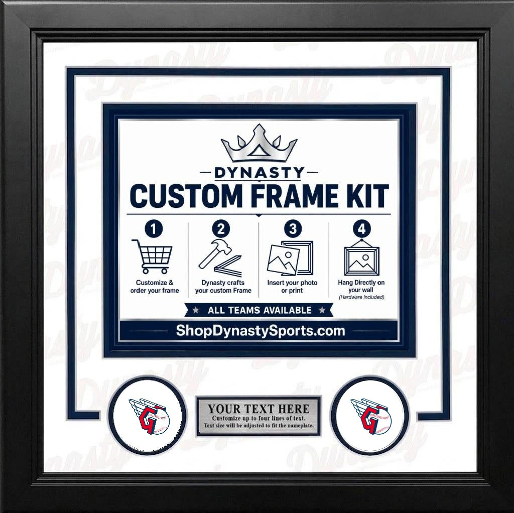 Cleveland Guardians Custom MLB Baseball Picture Frame Kit with White Matting, Navy Blue Trim, a Silver Nameplate, and Guardians logos