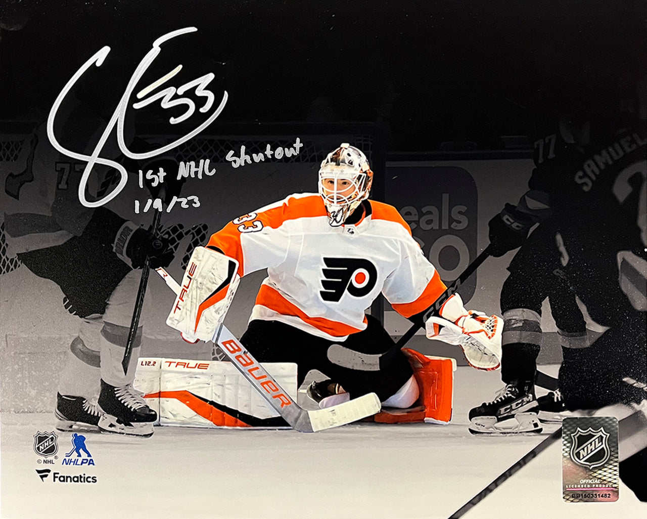 Samuel Ersson First Shutout Philadelphia Flyers Autographed 16x20 Blackout Hockey Photo Inscribed with Date