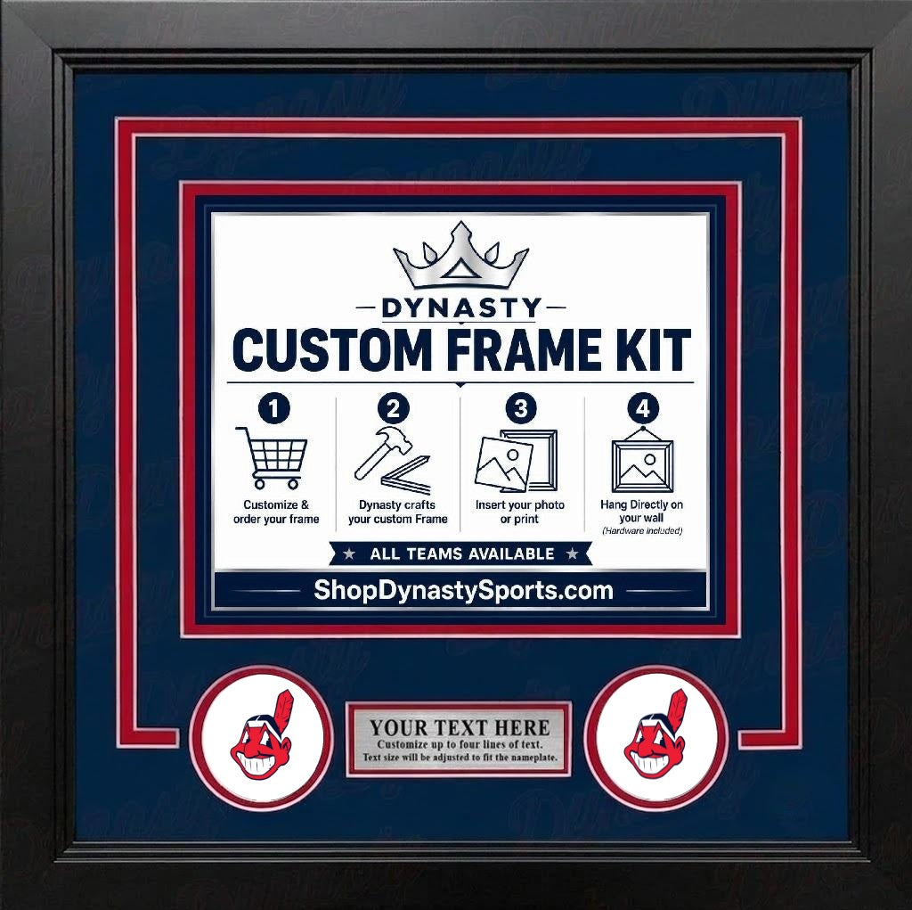 Cleveland Indians Custom MLB Baseball Picture Frame Kit with Navy Blue Matting, Red Trim, a Silver Nameplate, and Indians logos