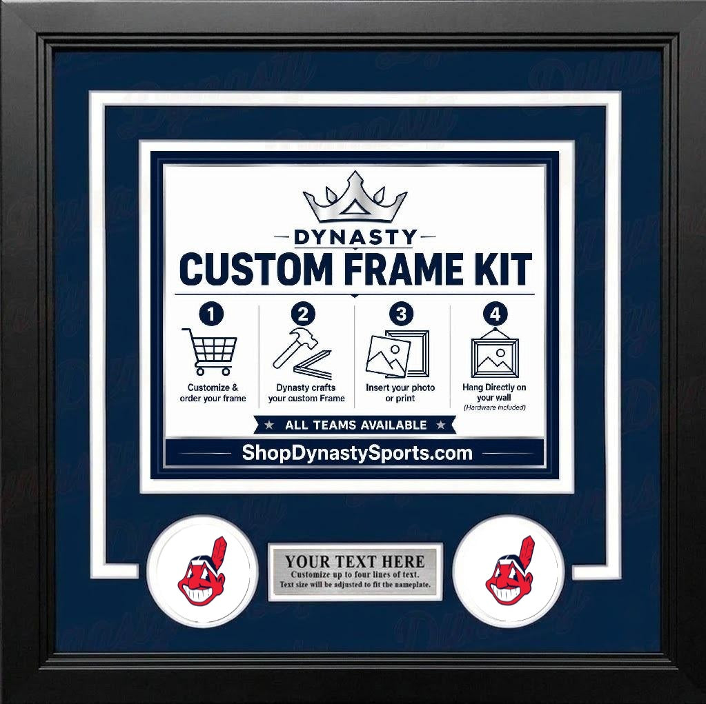 Cleveland Indians Custom MLB Baseball Picture Frame Kit with Navy Blue Matting, White Trim, a Silver Nameplate, and Indians logos