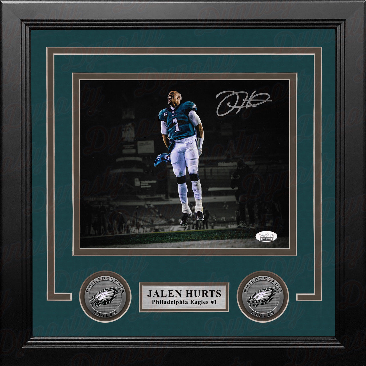 Jalen Hurts Celebration Philadelphia Eagles Autographed 8" x 10" Framed Football Blackout Photo