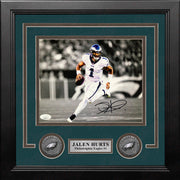 Jalen Hurts Spotlight Run Philadelphia Eagles Autographed 8" x 10" Framed Football Photo - Dynasty Sports & Framing 