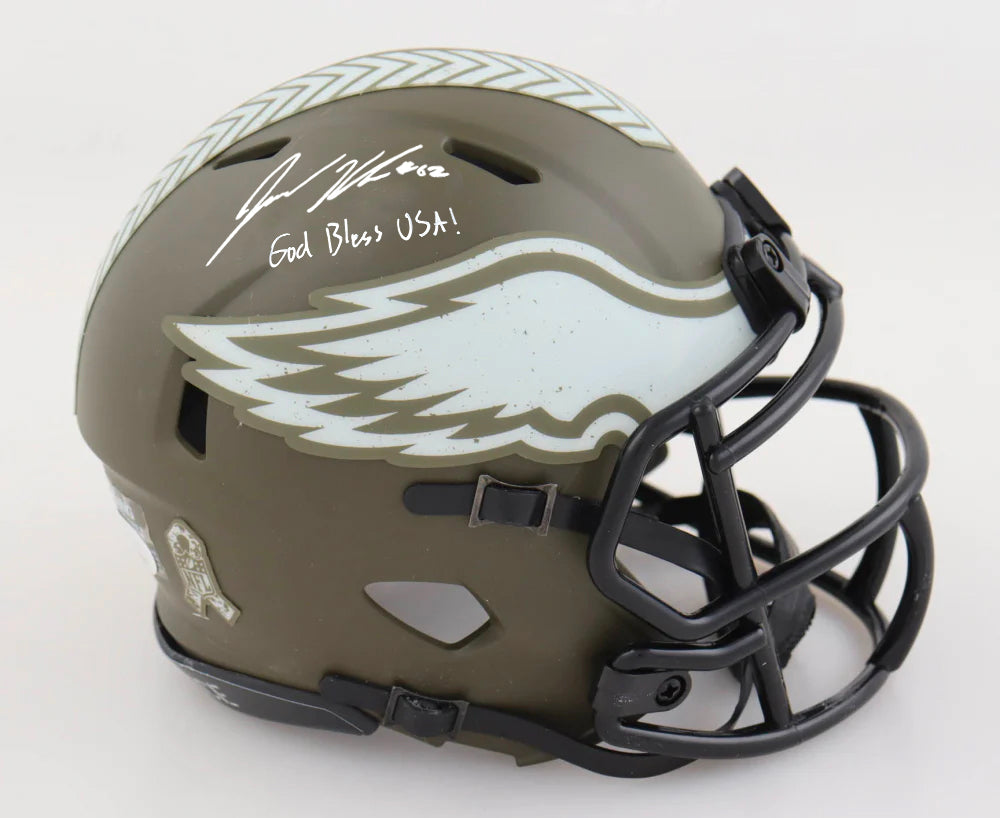 Jason Kelce Philadelphia Eagles Autographed Salute to Service Helmet - God Bless USA - Dynasty Sports & Framing 