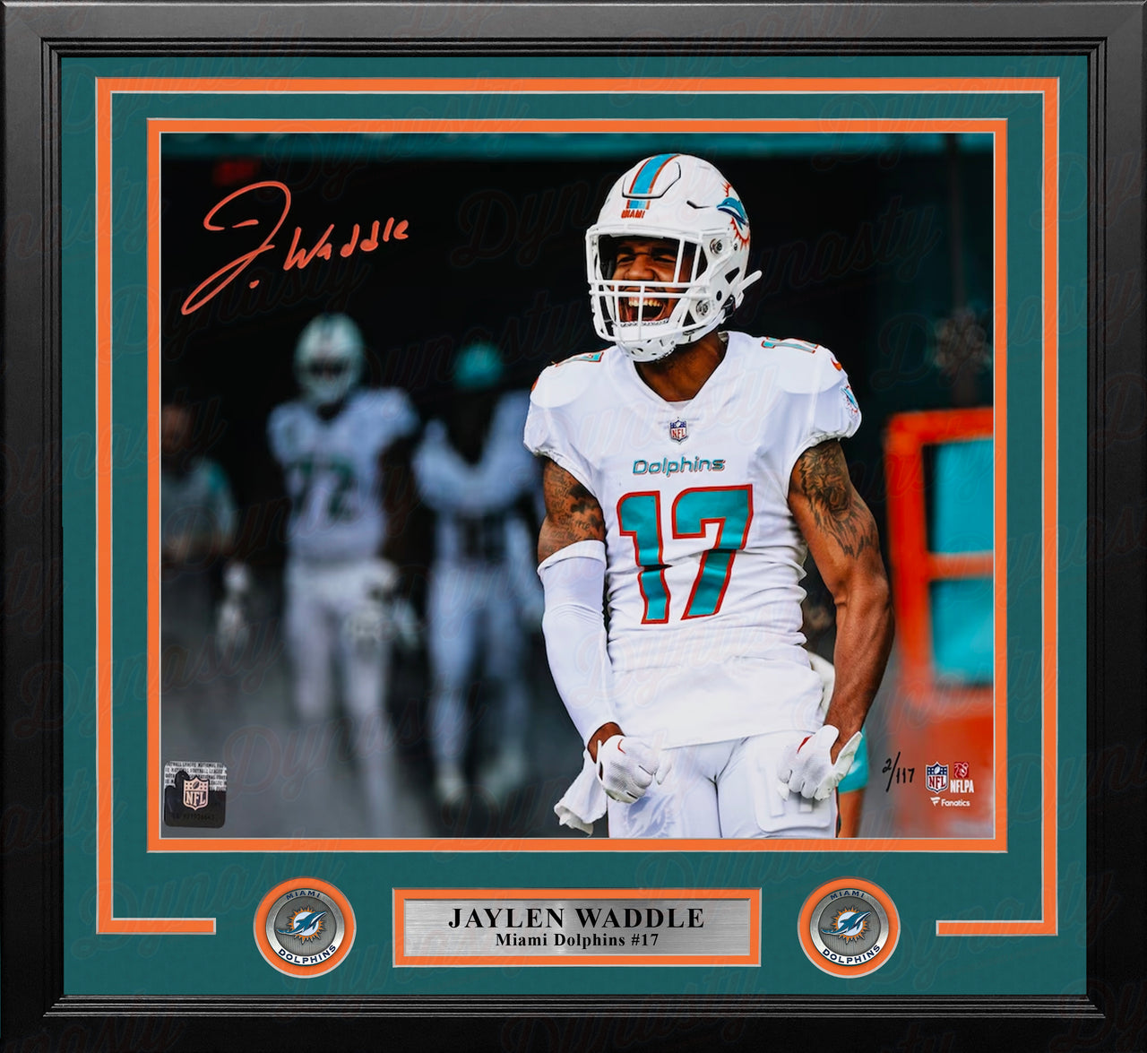 Jaylen Waddle Scream Miami Dolphins Autographed 11" x 14" Framed Football Photo Numbered to 117