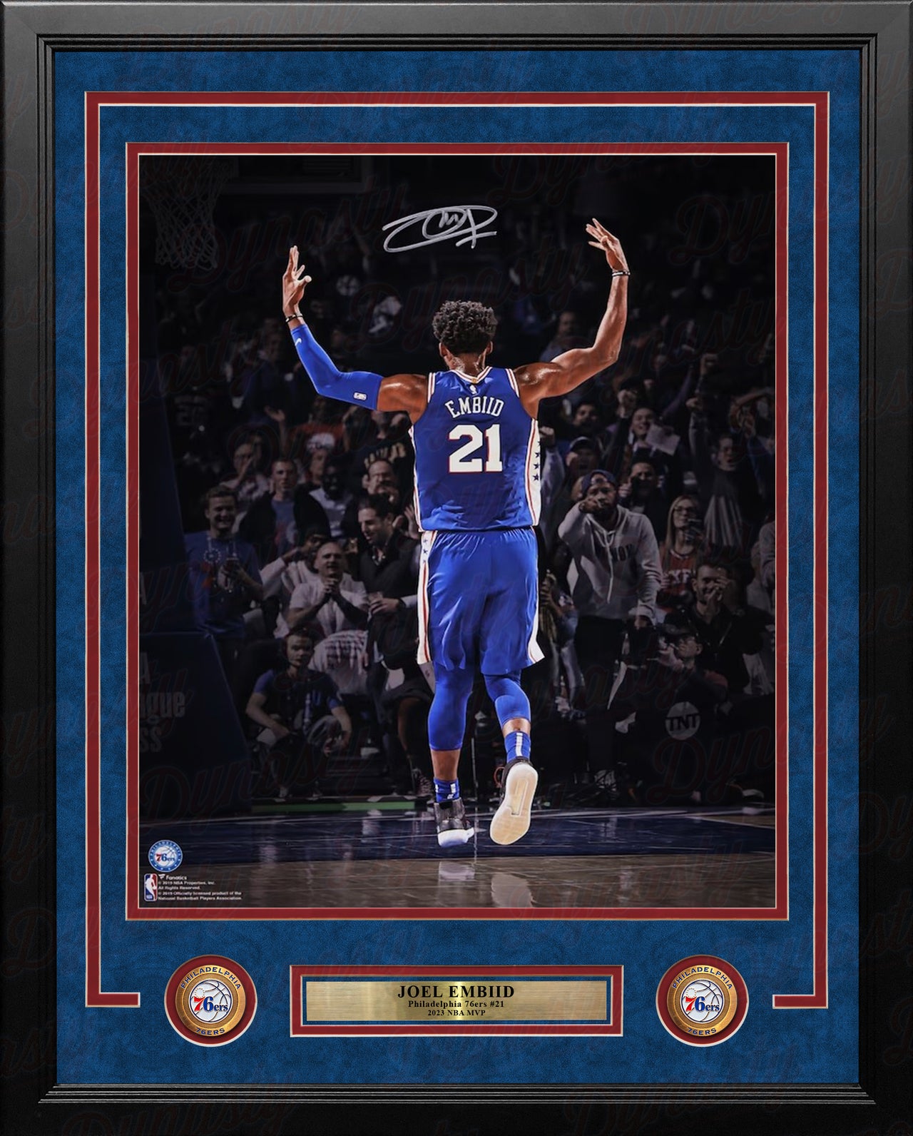 Joel Embiid Raised Hands Philadelphia 76ers Autographed 16" x 20" Framed Basketball Photo - Dynasty Sports & Framing 